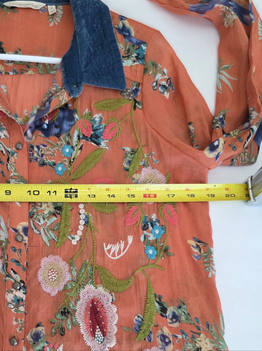 Soft Surroundings Medium Coral Blue Embroidered Blouse Vekvet Collar Long Sleeve - Picture 5 of 10